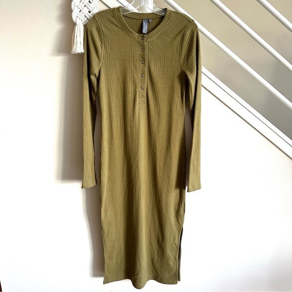 NWT Sweaty Betty Olive Green Ribbed Henley Long Sleeve Cotton Midi Dress Sz S - Picture 6 of 16